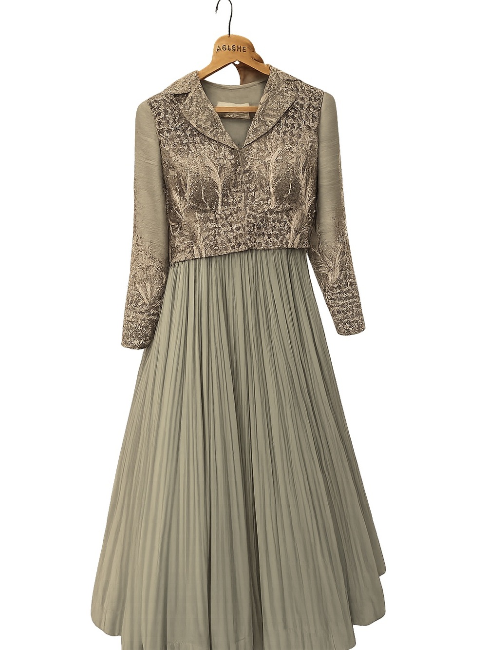 Designer Indian Pastel Green Gray Pleated Lehenga skirt with jacket